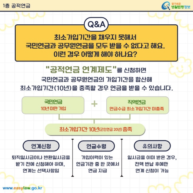 Q. 최소가입기간을 채우지 못해서 국민연금과 공무원연금을 모두 받을 수 없다고 해요. 이런 경우 어떻게 해야 하나요? A. 